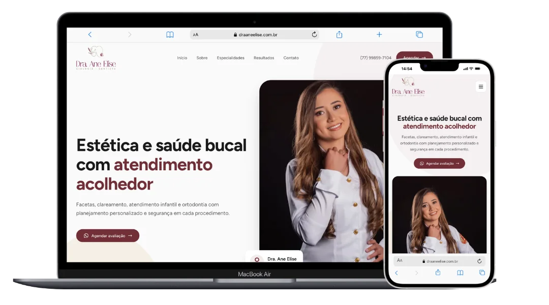 Site Dra. Ane Elise em notebook e celular