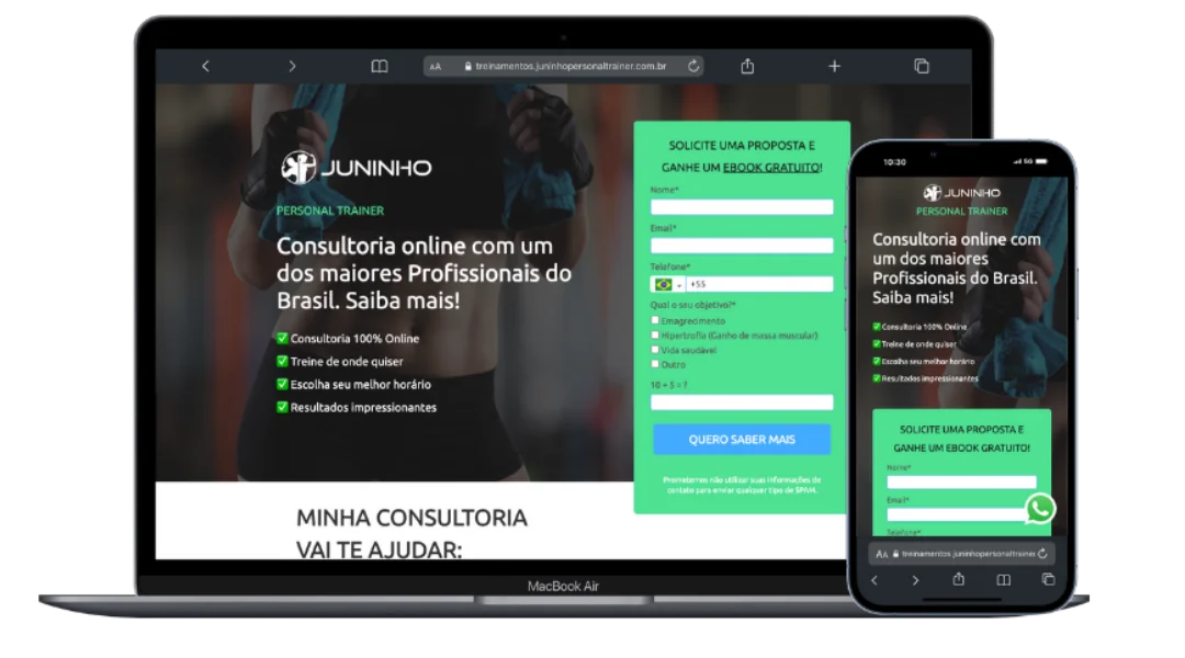Site Juninho Personal em notebook e celular